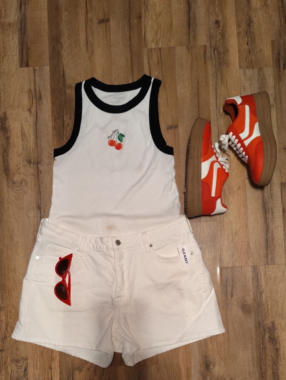 Old Navy White Snug Tank with Cherries And Black Ribbed Trim and Logo